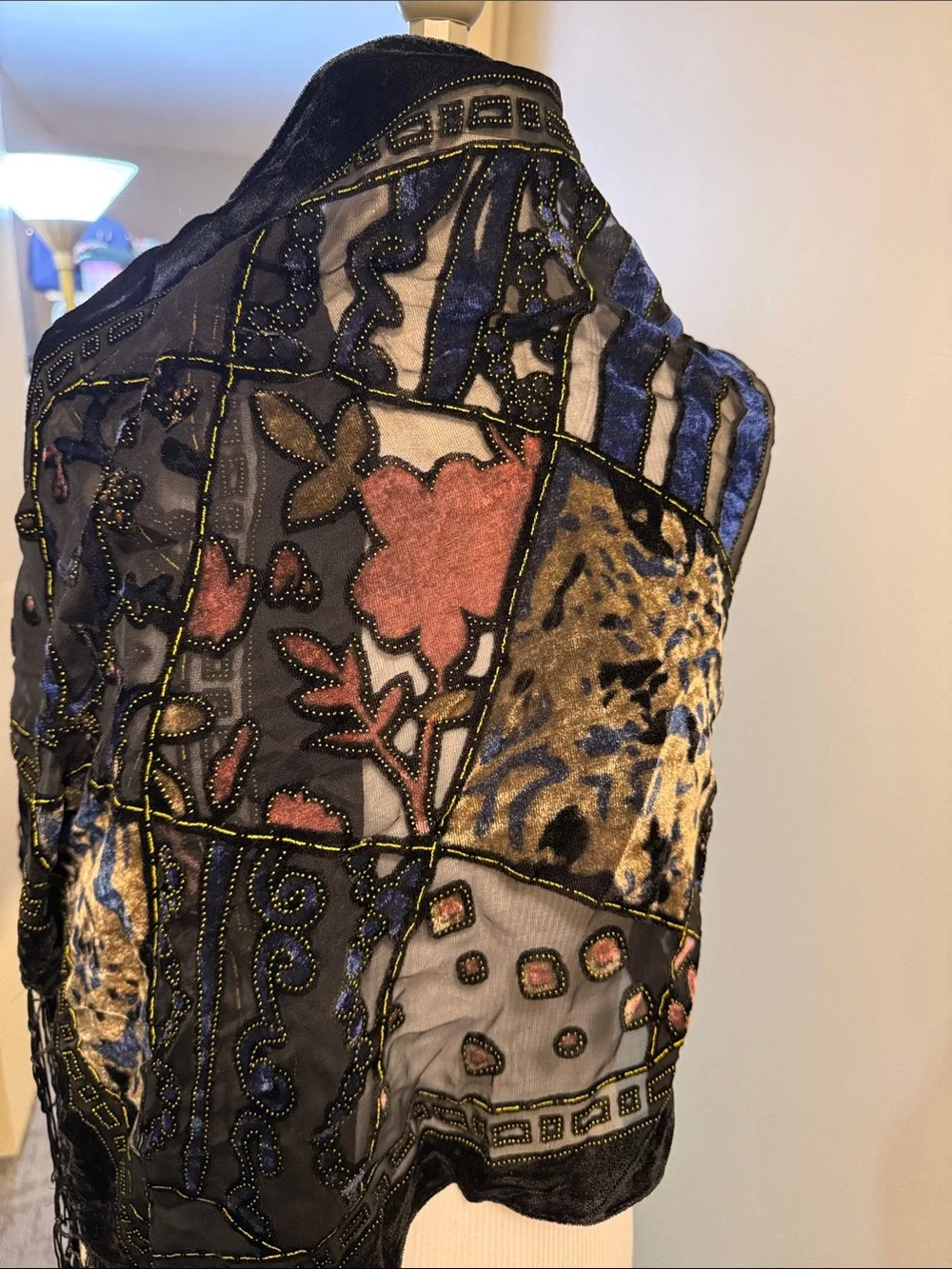Black Velvet-Trim Embroidered Floral Shawl Scarf